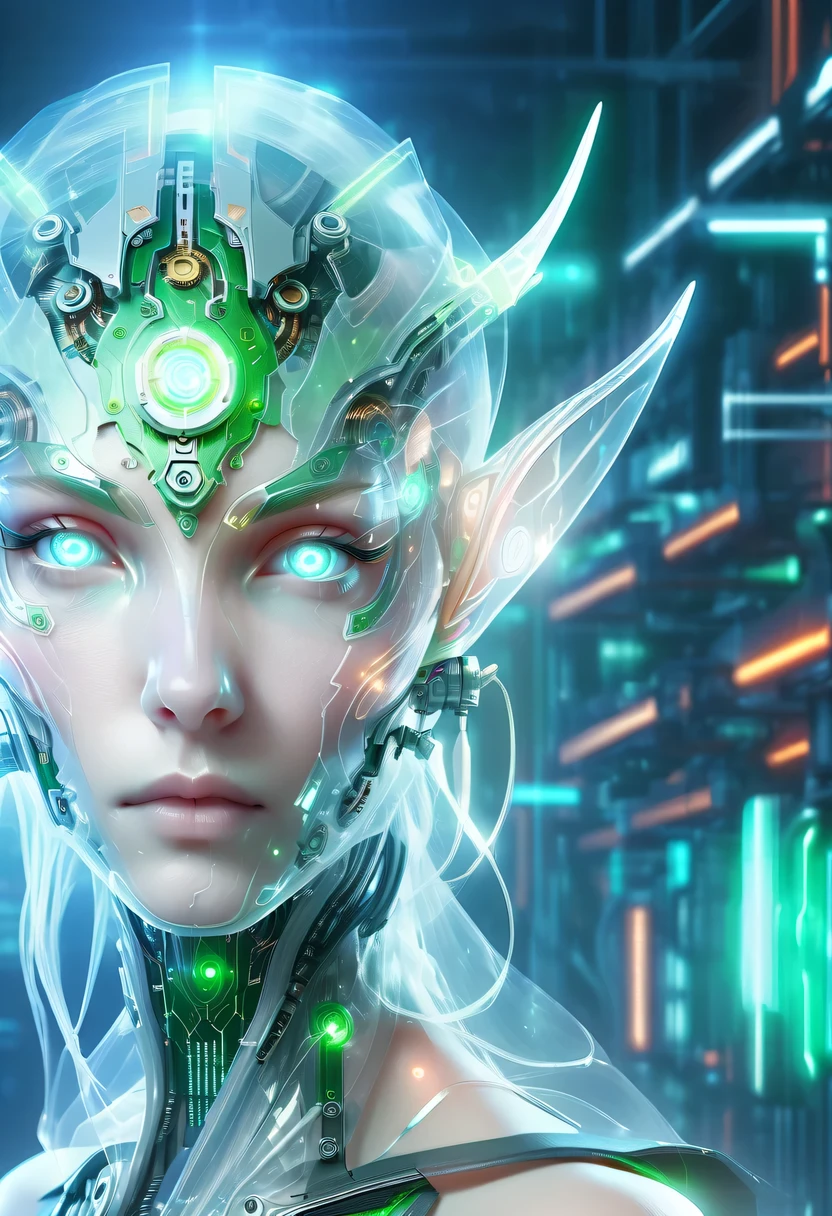 The face of a translucent ethereal mechanical elf，future elf face，Mechanical connection technology elf face，futuristic background