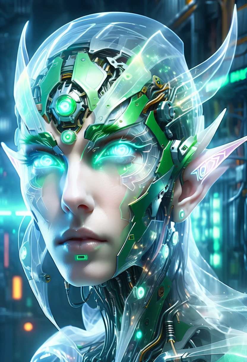 The face of a translucent ethereal mechanical elf，future elf face，Mechanical connection technology elf face，futuristic background