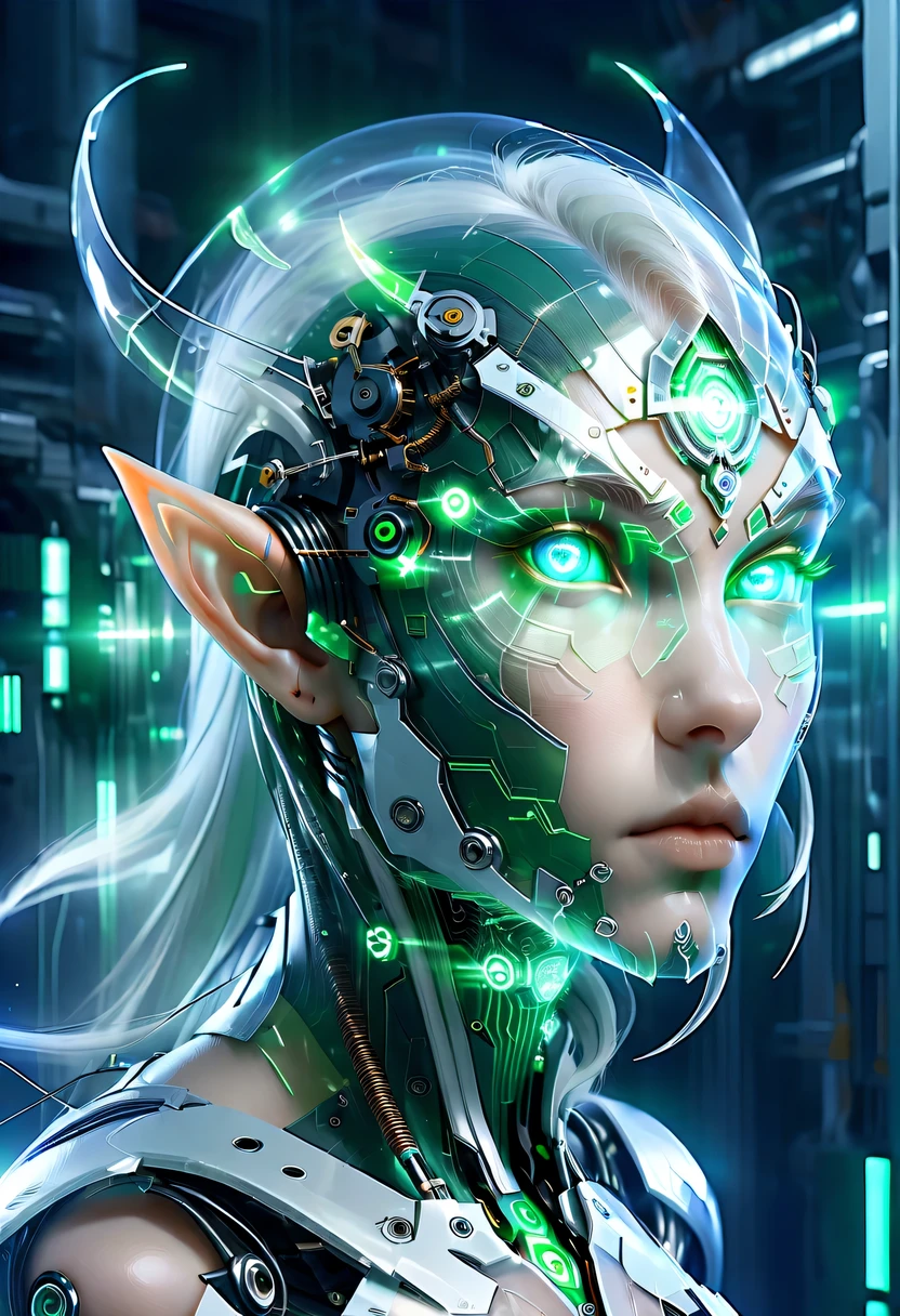 The face of a translucent ethereal mechanical elf,future elf face,Mechanical connection technology elf face,futuristic background