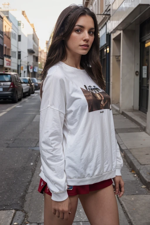 realistic white woman with dark brown hair taking a photo on the street in provocative clothing