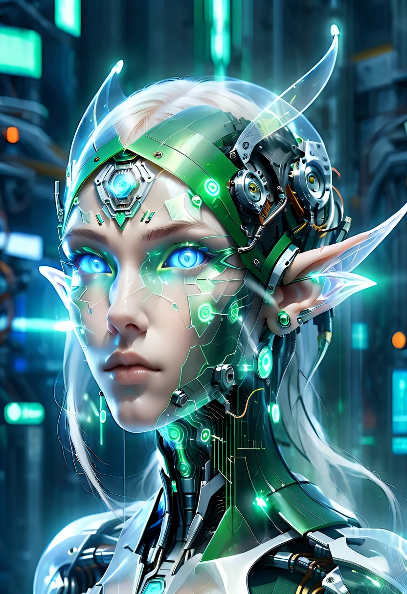 The face of a translucent ethereal mechanical elf，future elf face，Mechanical connection technology elf face，futuristic background