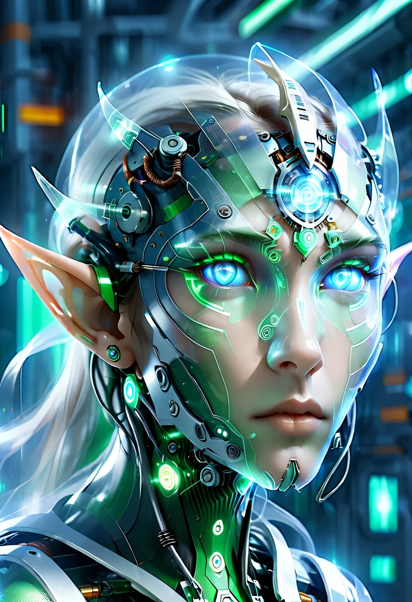 The face of a translucent ethereal mechanical elf，future elf face，Mechanical connection technology elf face，futuristic background