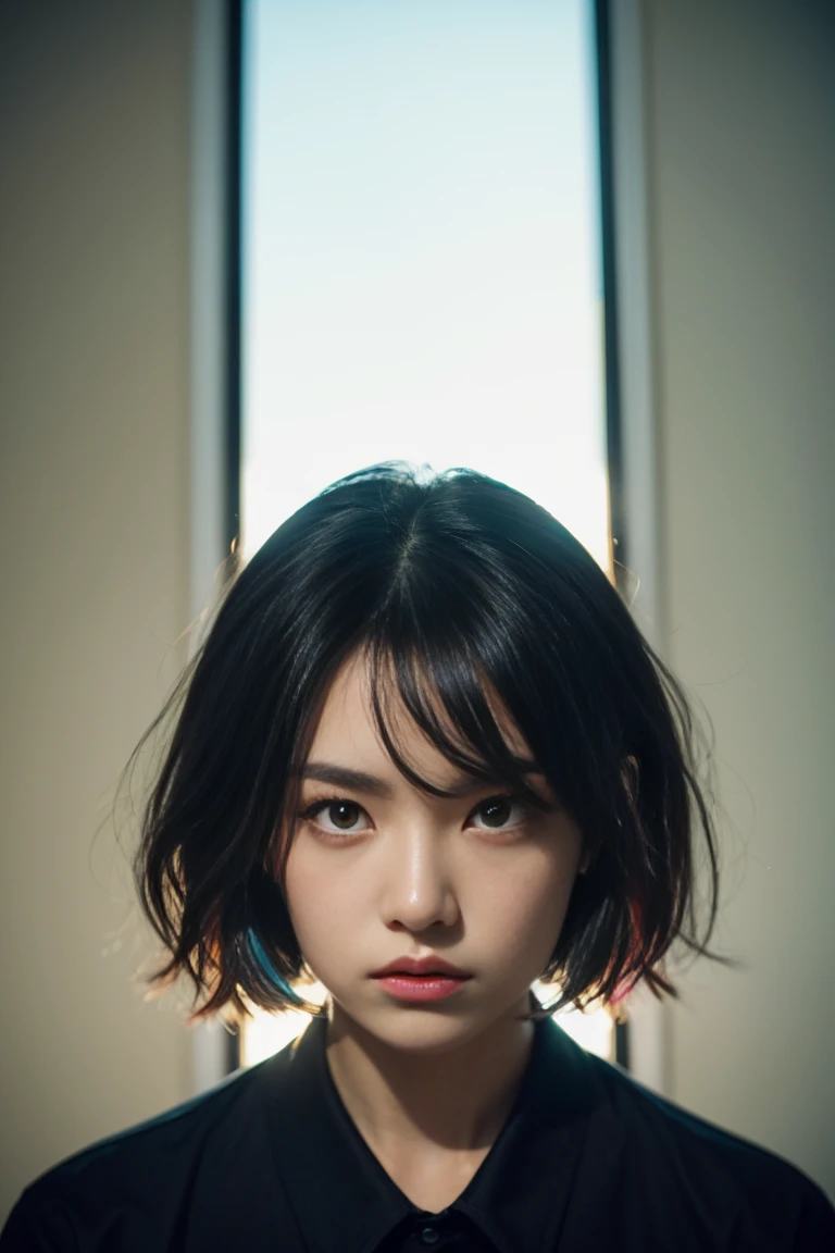 black hair, multicolored hair, short hair, angry, closed mouth, serious, serious, expressionless, amber eyes, symmetry, first-person view, Fujifilm, Nikon, cinematic lighting, Fujicolor, masterpiece, best quality, high details