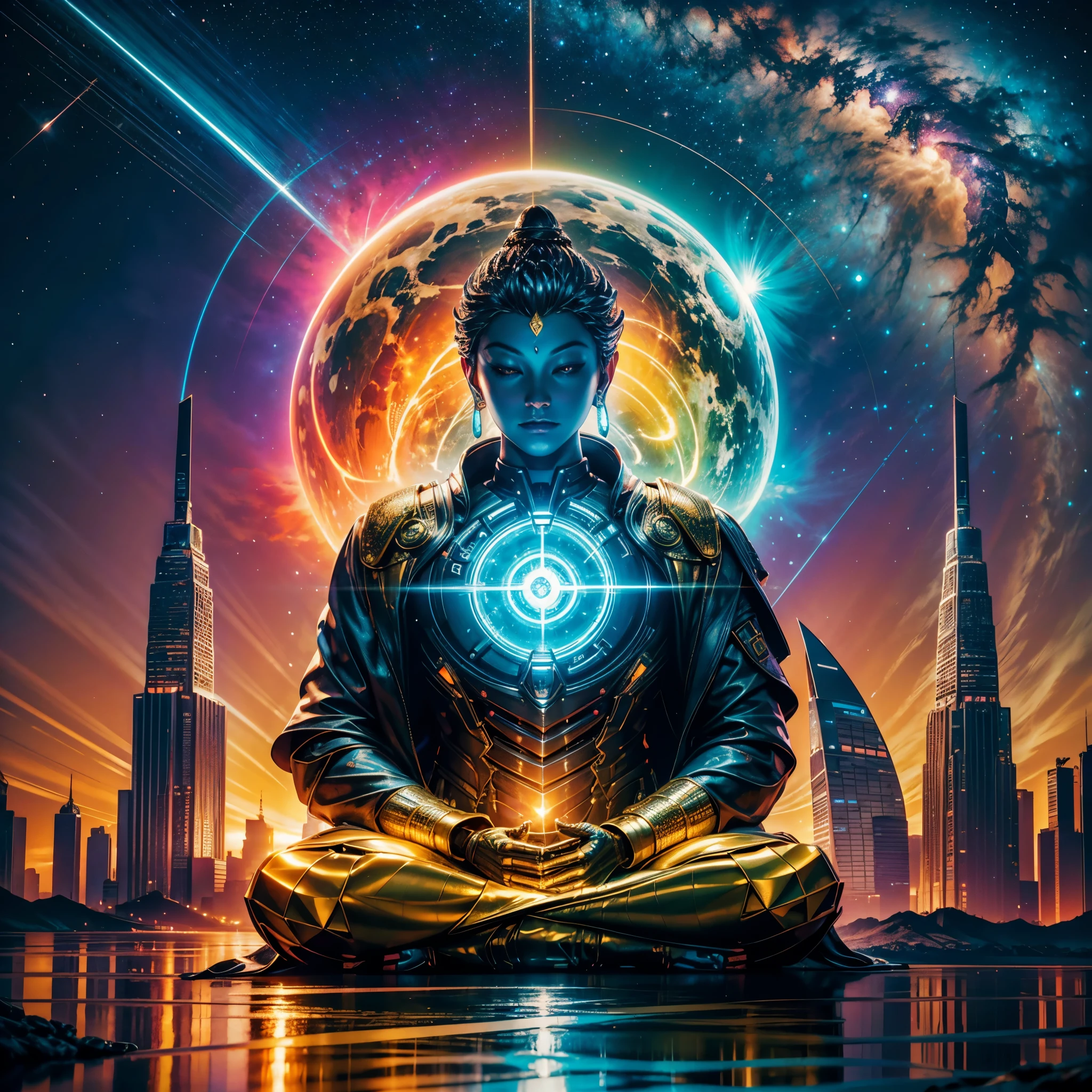 Will-o'-the-wisp dazzling Symmetrical Duddha_Interstellar (Galaxy stars Nebula Spacious Sunrise evening_glow distant_view Sunset rich_colors colorful wide-angle_lens shooting_evening positive_film naturalistic_style)，A highly detailed, futuristic scene with a vibrant color palette and neon lights. The focal point of the scene a magnificent Golden Buddha statue, radiating a sense of peace and tranquility. The statue made of pure gold and shines brightly, reflecting the neon lights around it. The surrounding environment filled with futuristic elements, such as sleek buildings, flying cars, and holographic advertisements. The colors in the scene are intense and vibrant, incorporating shades of blues, purples, pinks, and greens. The neon lights illuminate the surroundings, casting a surreal and vibrant glow. The overall atmosphere both awe-inspiring and serene, blending the traditional beauty of the Golden Buddha with the cutting-edge aesthetics of the future. Everything in the scene highly detailed and realistic, with every intricate feature of the Buddha statue captured flawlessly. The lighting carefully designed to highlight the beauty of the statue and create a mesmerizing ambiance.optimal bright_color dappled_sunLight meticulously intricate ultra_high-details ultra_high-res hyper pro-Photo-realistic ultra_high-quality ultra_high-def UHD XT3 DSLR HDR extreme improved Octane-rendered opengl-shaders glsl-shader romm rgb pbr shading 3DCG fxaa global illumination cgi vfx sfx fkaa txaa rtx ssao post-processing post-production cell-shading tone-mapping Ultra_sharpness focus accurate max saturate reflex analogique Vivid DSLR color-coded luminescence volumetric Cinematic_Sunrise lightning contrast incandescent Cristallines floraison zentangle fleuraison varied multi etc. --s 1000 --c 20 --q 20 --chaos 100