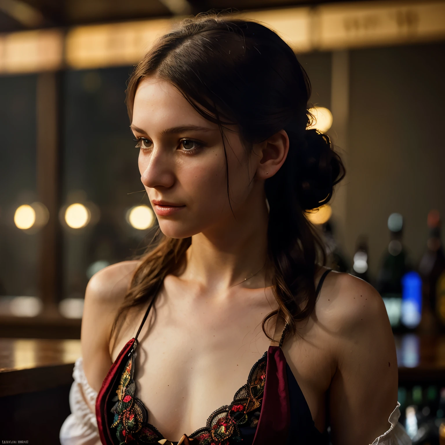 the most beautiful Slavic young woman drinks whiskey at the bar in the world Red dead redemption 2, western, wild west dress, the most beautiful hairstyle, holster with a revolver, bandolier, in the style of Alyssa Monks and Glenn Brown style, soft play of light and shadow, masterpiece, a variety of small details in the background, random, hyper detailed, trending on artstation, intricate details, highly detailed, highly detailed, digital painting, perfect result, HDR, illustration, very clear image, evocative, striking, Fluorescent light, Side angle perspective, perfect face, polished, glorious, seraphic, dreamy, astonishing, fabulous, captivating, pretty, mesmeric, elegant, magnificent, sublime, luscious, dreamy, Mysterious