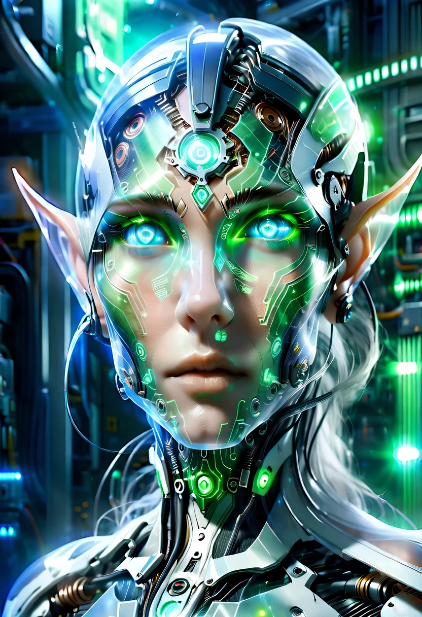 The face of a translucent ethereal mechanical elf，future elf face，Mechanical connection technology elf face，futuristic background