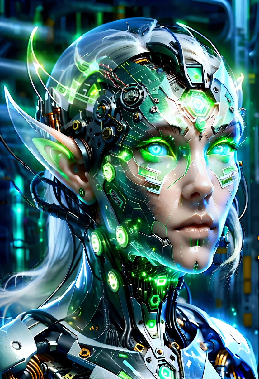 The face of a translucent ethereal mechanical elf，future elf face，Mechanical connection technology elf face，futuristic background