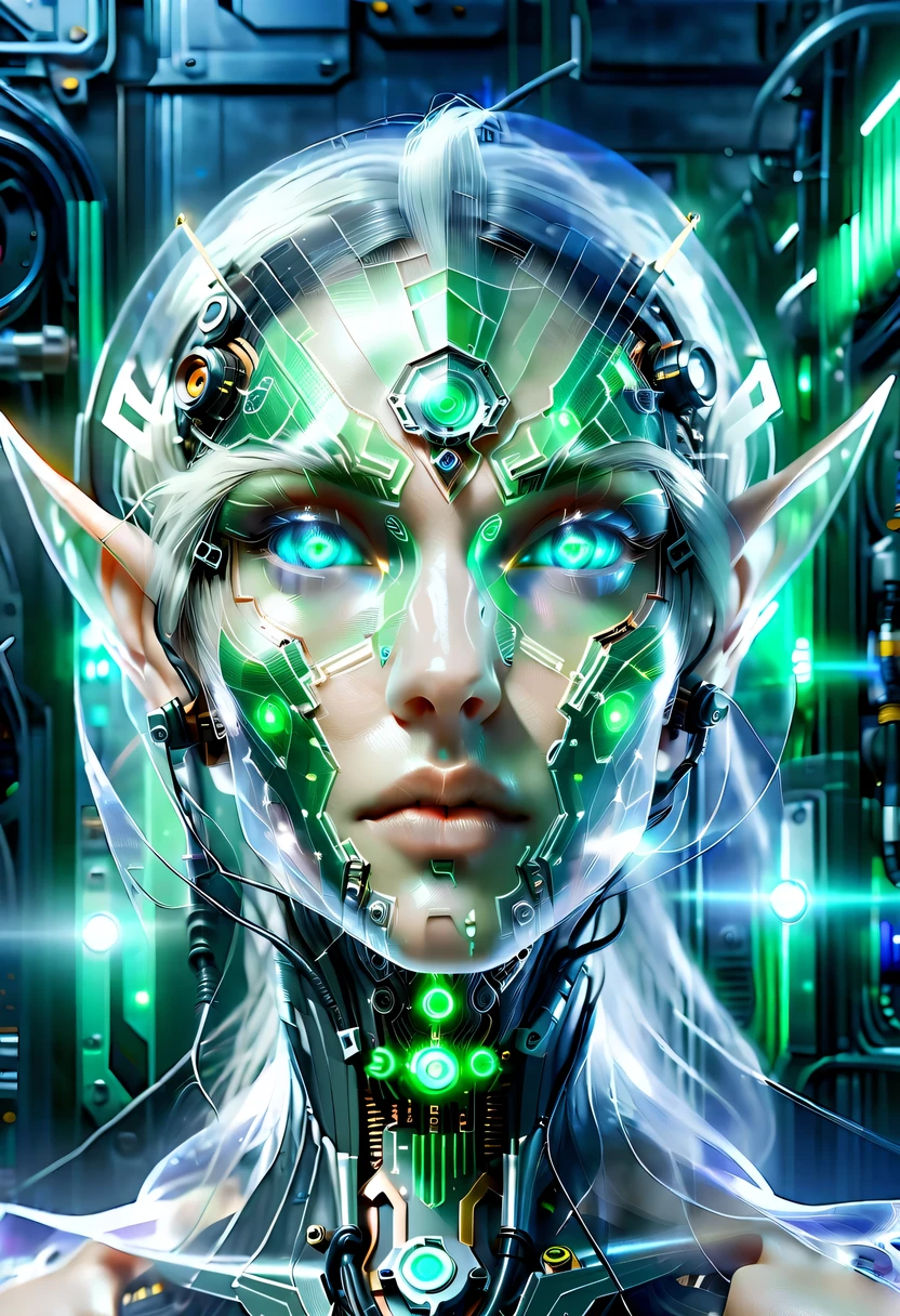The face of a translucent ethereal mechanical elf，future elf face，Mechanical connection technology elf face，futuristic background
