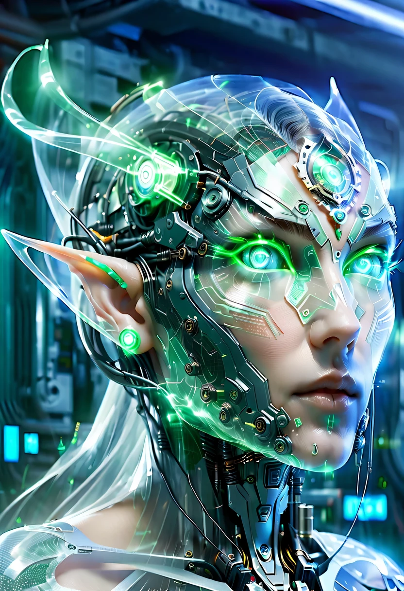 The face of a translucent ethereal mechanical elf，future elf face，Mechanical connection technology elf face，futuristic background