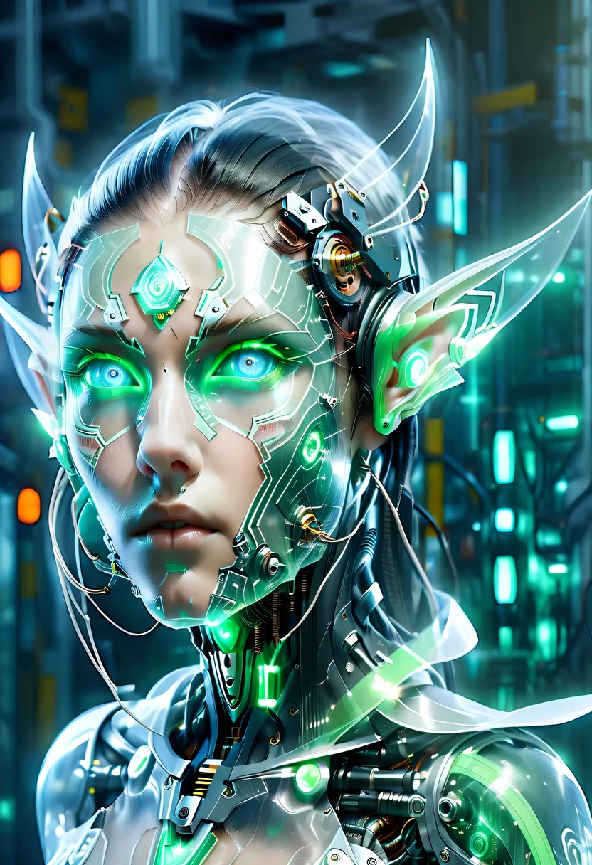 The face of a translucent ethereal mechanical elf,future elf face,Mechanical connection technology elf face,futuristic background
