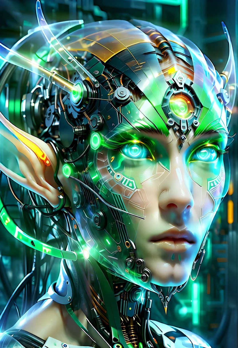 The face of a translucent ethereal mechanical elf,future elf face,Mechanical connection technology elf face,futuristic background