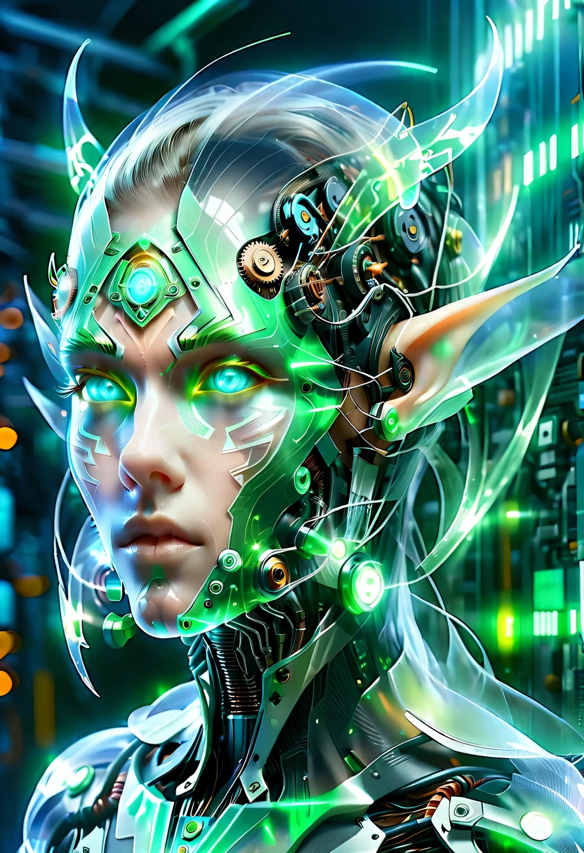 The face of a translucent ethereal mechanical elf，future elf face，Mechanical connection technology elf face，futuristic background