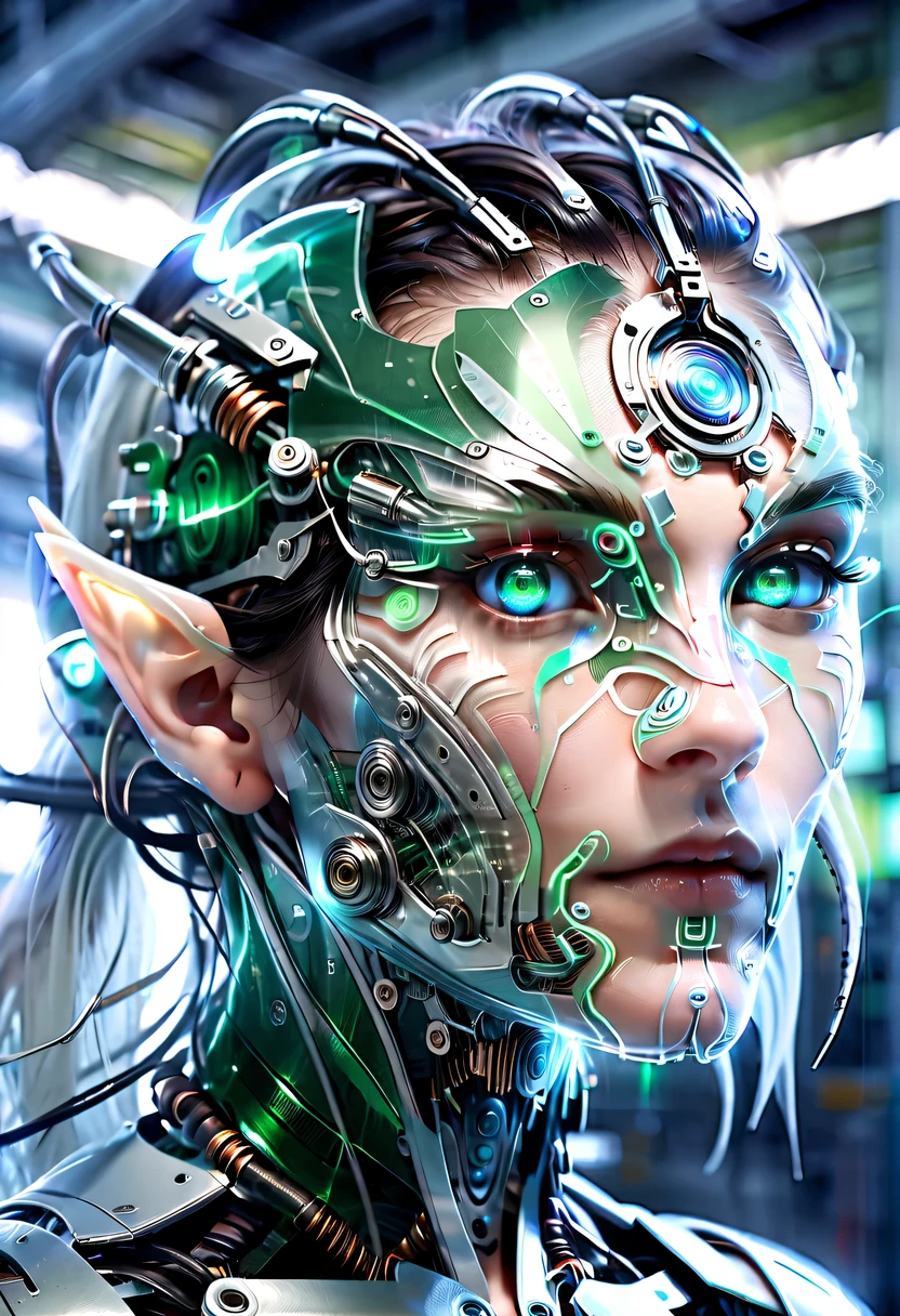 The face of a translucent ethereal mechanical elf,future elf face,Mechanical connection technology elf face,futuristic background