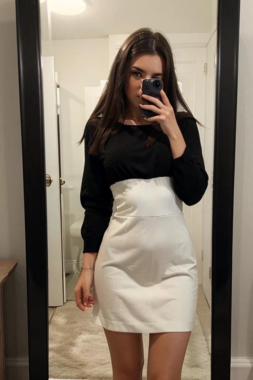 realistic white woman with dark brown hair taking a photo in a mirror in a short black dress