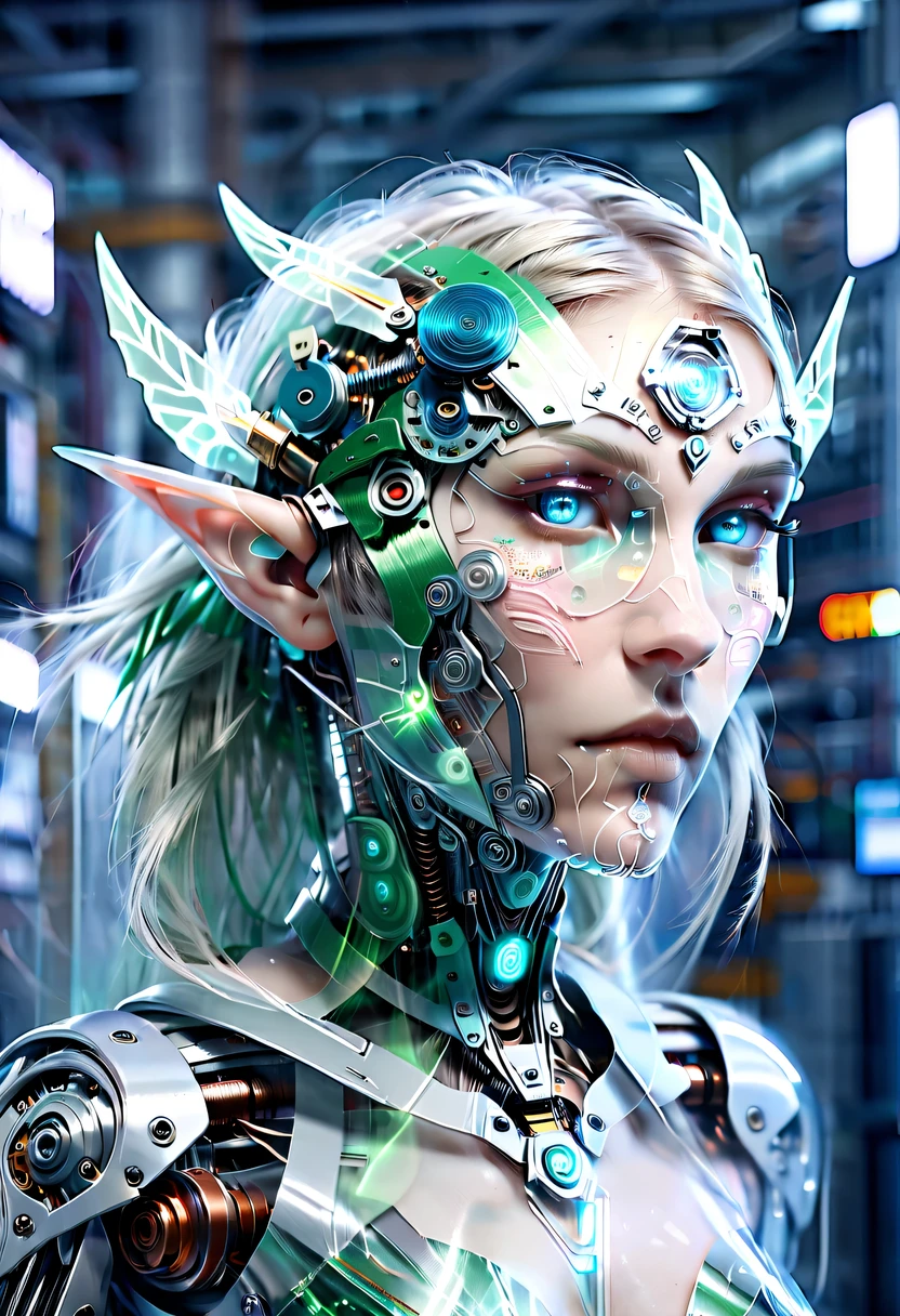 The face of a translucent ethereal mechanical elf，future elf face，Mechanical connection technology elf face，futuristic background