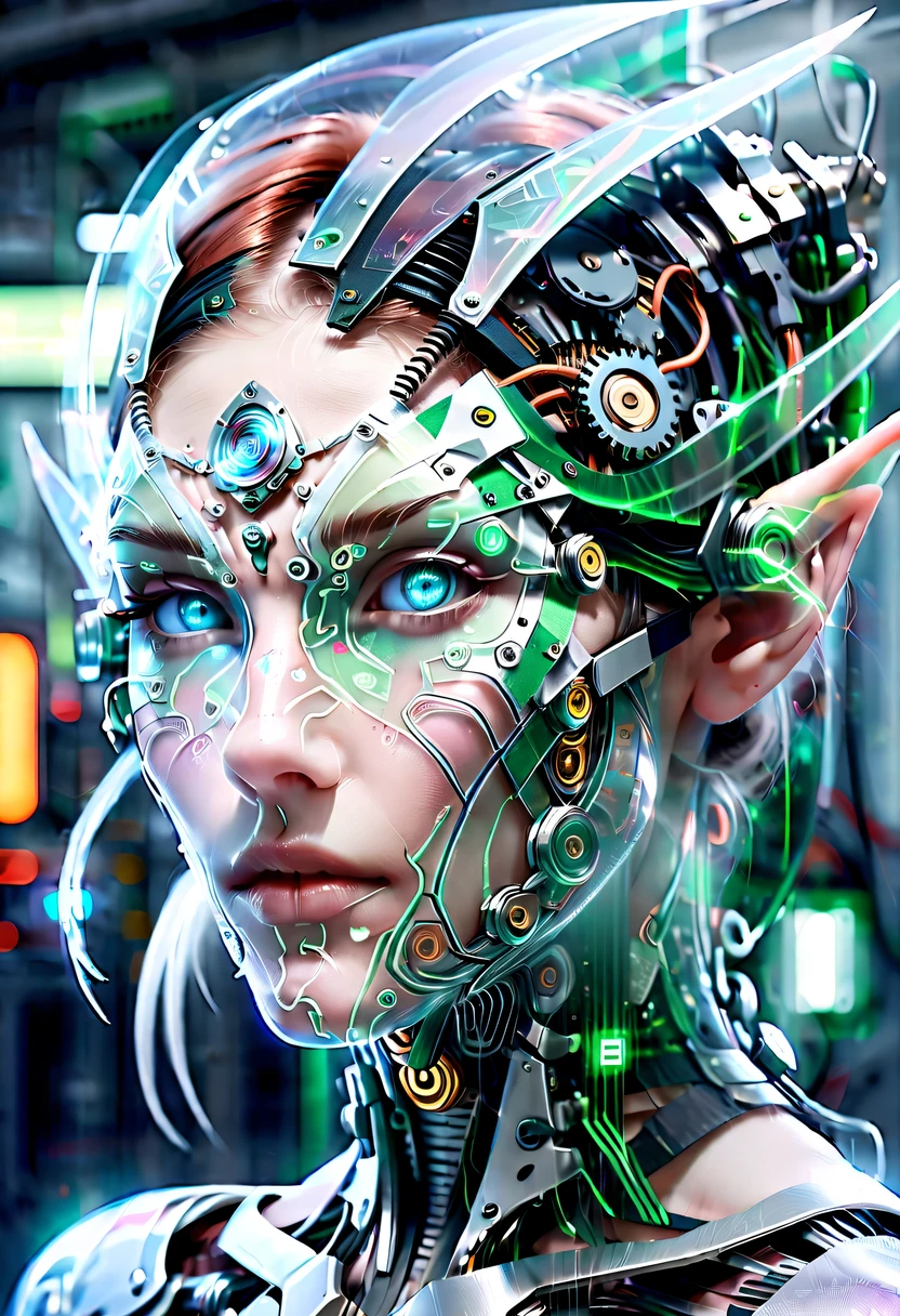 The face of a translucent ethereal mechanical elf，future elf face，Mechanical connection technology elf face，futuristic background