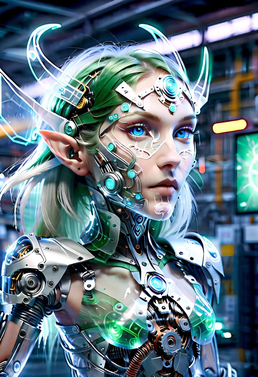 The face of a translucent ethereal mechanical elf，future elf face，Mechanical connection technology elf face，futuristic background