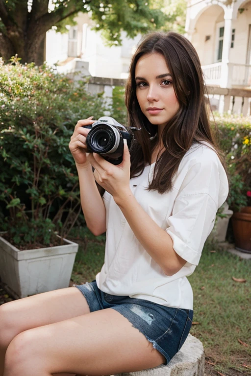 realistic white woman with dark brown hair taking a photo sitting