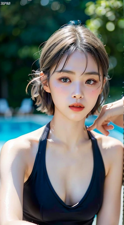 8K RAW Photos, High resolution, A cool 21 year old Korean, Big round breasts, Wicked Smile, Beautiful slim legs, Short hair tied back, Earrings,(((Fully nude))),(((((nsfw))))),Highly detailed eyes and face，Beautiful and fine details，((Every detail、Very big eyes:1.2)),((Clear eyes:1.2)),((double eyelid)),((Slit eyes)),((White of the eye)),((Long eyelashes)),((eye shadow)),((Heavy eye makeup)),((necklace)),((A woman who always smiles)),((Poolside at night:1.4)),((Lighting on face:1.2)),((Delicately depicting the face:1.2)),((multicolored hair colors:1.4)),(Very short bob hair:1.5),(((Fully nude))),(((nsfw)))