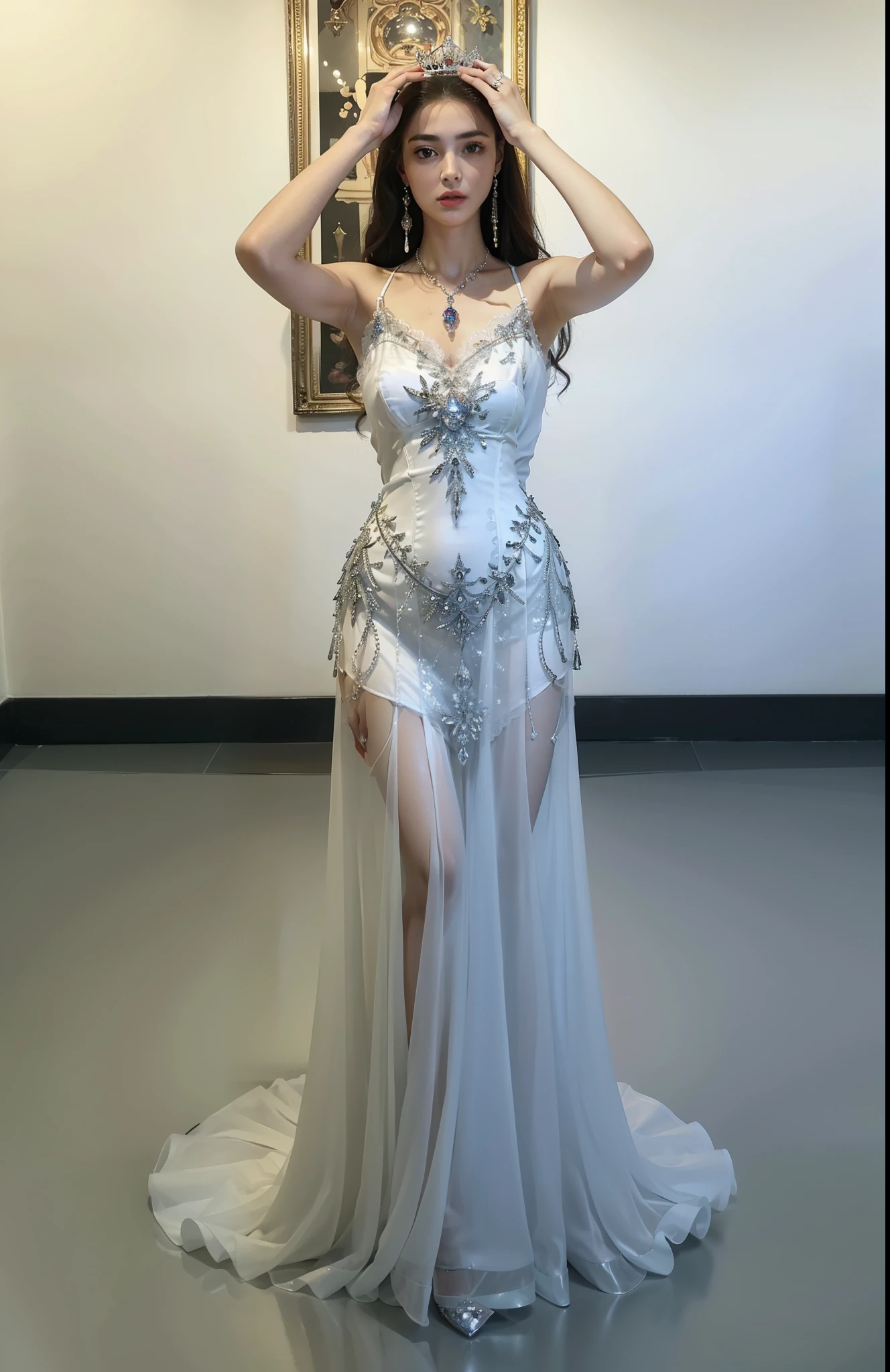 Royal sister，exquisite eyes，Detailed facial expressions body，tall figure，number，Leg length，4K，HD，，White translucent lace，Fair and plump figure，pretty face，Little cherry mouth，beautiful and delicious（3D royal sister），exquisite dress，Wear crystal ruby red high heels，silver breastplate，Gorgeous crystal gems，Gem and jewelry crown，long skirt