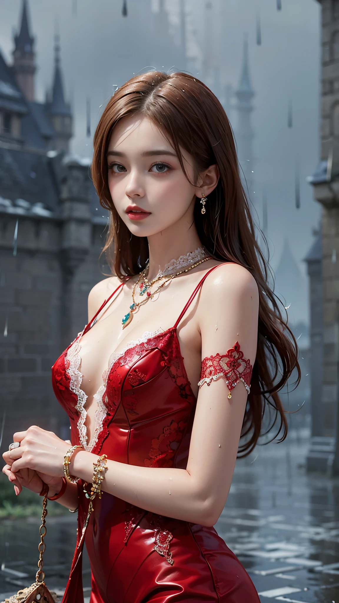  ((best quality)), ((masterpiece)), (detailed), 1 girl, good face, ultra long hair, red hair, impressive hairstyle, small breasts, (wet body:1), (red lace dress)), (net lace:1.5), (transparent lace:1), (wearing jewellery:1.5), disney castle background, (rainy weather:1.5),