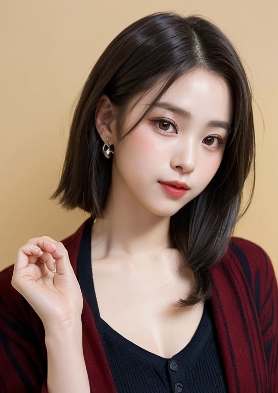 (masterpiece, highest quality、Beautiful woman full of charm:1.4、head tilt),1 girl, solo, black haired, scarf, hat,, realistic, looking at the viewer, pale black eyes, short hair, coat, Winter clothes, White headscarf, lips, lip gloss,, closed mouth, Big eyes、eyelash、((Topless))、((Big eyesのショートヘアー、Give students very strong highlights、very big breasts、look at the viewer、very beautiful beauty、Please show your ears、long neck、smile a little、please close your mouth and smile)))、28 years old、Cute supermodels
