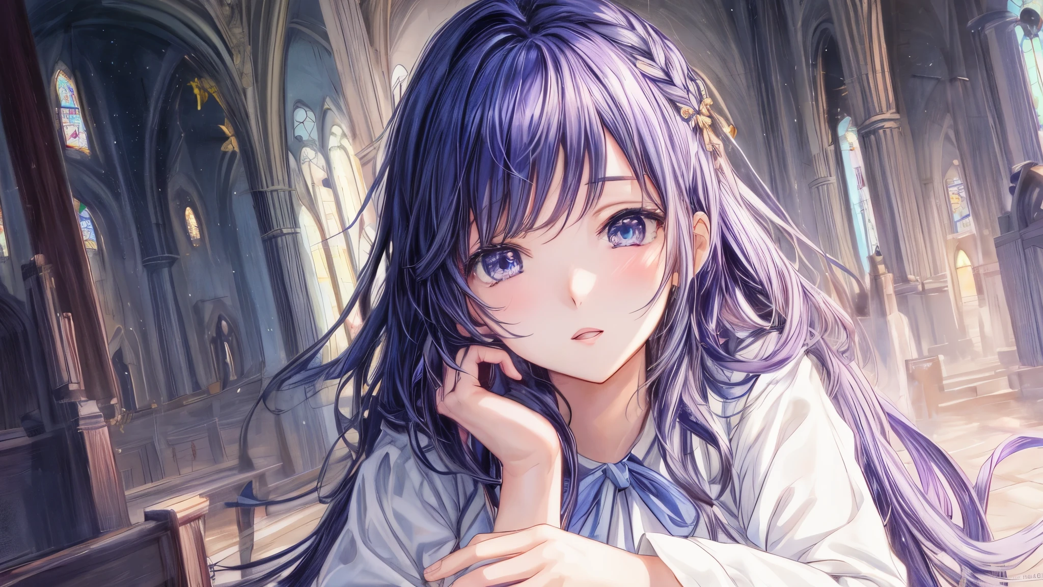 Chica anime con cabello morado y ojos azules sentada en una iglesia., estilo anime 4k, hermoso retrato animado, anime moe art style, retrato chica anime, arte de anime digital detallado, linda chica anime portrait, Fondo de pantalla de arte anime 4k, Fondo de pantalla de arte anime 4K, linda chica anime portraits, hermosa chica anime, linda chica anime, retrato detallado de chica anime