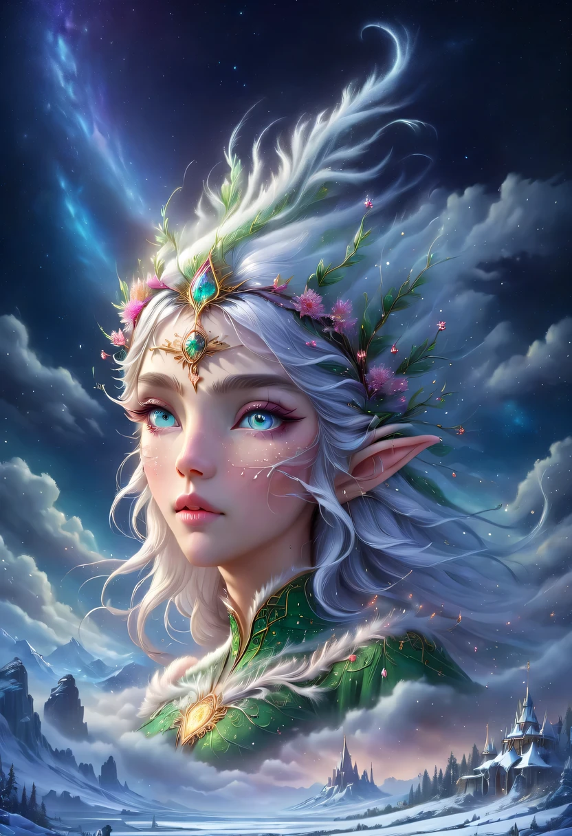 The face of the elf princess floats in the air，Pointed-eared elf exposed multiple times:1.8),Winter scenery，Surreal wonderland，Dream Island in the Sea of Cloudig snowflake:1.3)，五颜六色的big snowflake飞舞着，The palace of the elf princess covered with snow，The tree of life blooms with endless vitality，Twinkling stars in the night sky，Overlapping clouds and fog，Whimsical fantasy landscape art, Beautiful Art Ultra HD 8K, 8K highly detailed digital art, Beautiful and detailed fantasy, epic fantasy landscape, Mysterious and dreamy scenery, Magic fantasy very detailed, magical scenery, 由big snowflake和梦幻漂浮的仙女岛组成, Detailed fantasy digital art, 8K detailed digital art