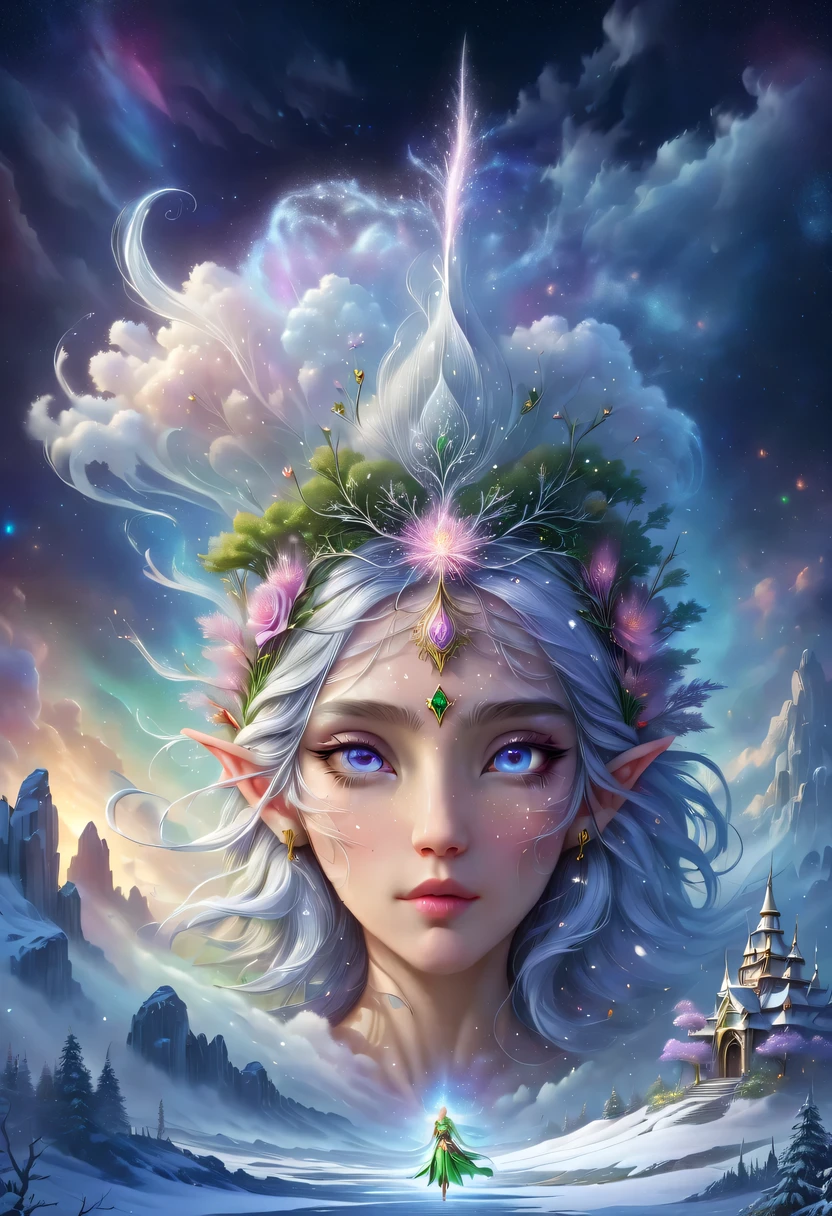 The face of the elf princess floats in the air,Pointed-eared elf exposed multiple times:1.8),Winter scenery,Surreal wonderland,Dream Island in the Sea of Cloudig snowflake:1.3),五颜六色的big snowflake飞舞着,The palace of the elf princess covered with snow,The tree of life blooms with endless vitality,Twinkling stars in the night sky,Overlapping clouds and fog,Whimsical fantasy landscape art, Beautiful Art Ultra HD 8K, 8K highly detailed digital art, Beautiful and detailed fantasy, epic fantasy landscape, Mysterious and dreamy scenery, Magic fantasy very detailed, magical scenery, 由big snowflake和梦幻漂浮的仙女岛组成, Detailed fantasy digital art, 8K detailed digital art