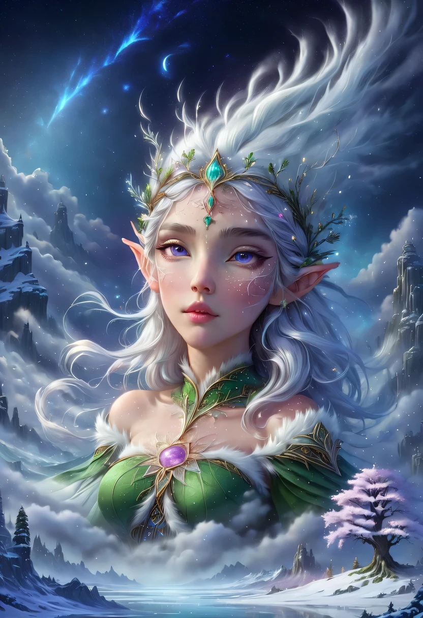 The face of the elf princess floats in the air，Pointed-eared elf exposed multiple times:1.8),Winter scenery，Surreal wonderland，Dream Island in the Sea of Cloudig snowflake:1.3)，五颜六色的big snowflake飞舞着，The palace of the elf princess covered with snow，The tree of life blooms with endless vitality，Twinkling stars in the night sky，Overlapping clouds and fog，Whimsical fantasy landscape art, Beautiful Art Ultra HD 8K, 8K highly detailed digital art, Beautiful and detailed fantasy, epic fantasy landscape, Mysterious and dreamy scenery, Magic fantasy very detailed, magical scenery, 由big snowflake和梦幻漂浮的仙女岛组成, Detailed fantasy digital art, 8K detailed digital art