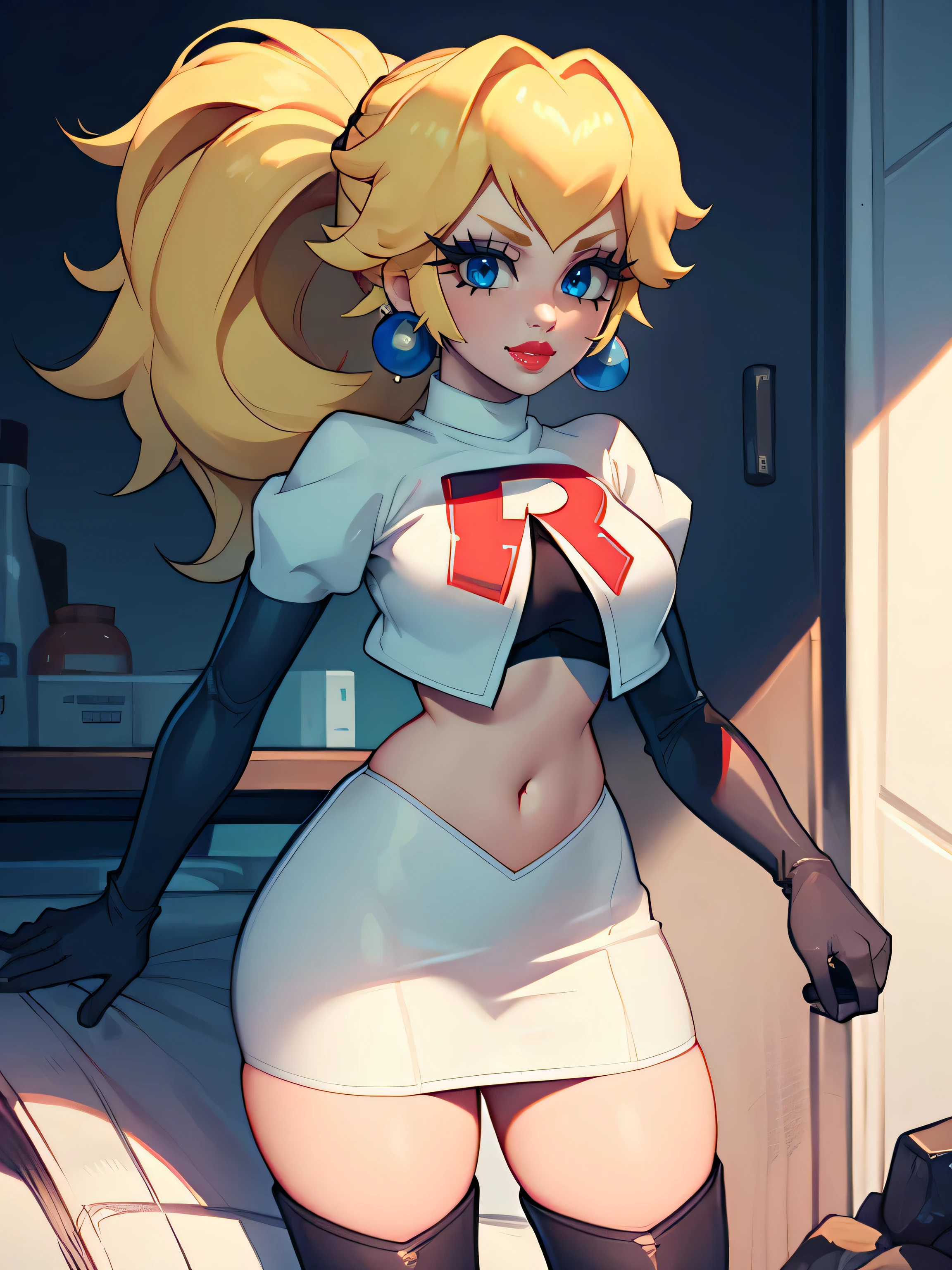 princess_peach, blonde hair ,ponytail ,earrings ,red lipstick, blue eye shadow, heavy makeup ,team rocket uniform, red letter R, white skirt,white crop top,black thigh-high boots, black elbow gloves, evil smile, 