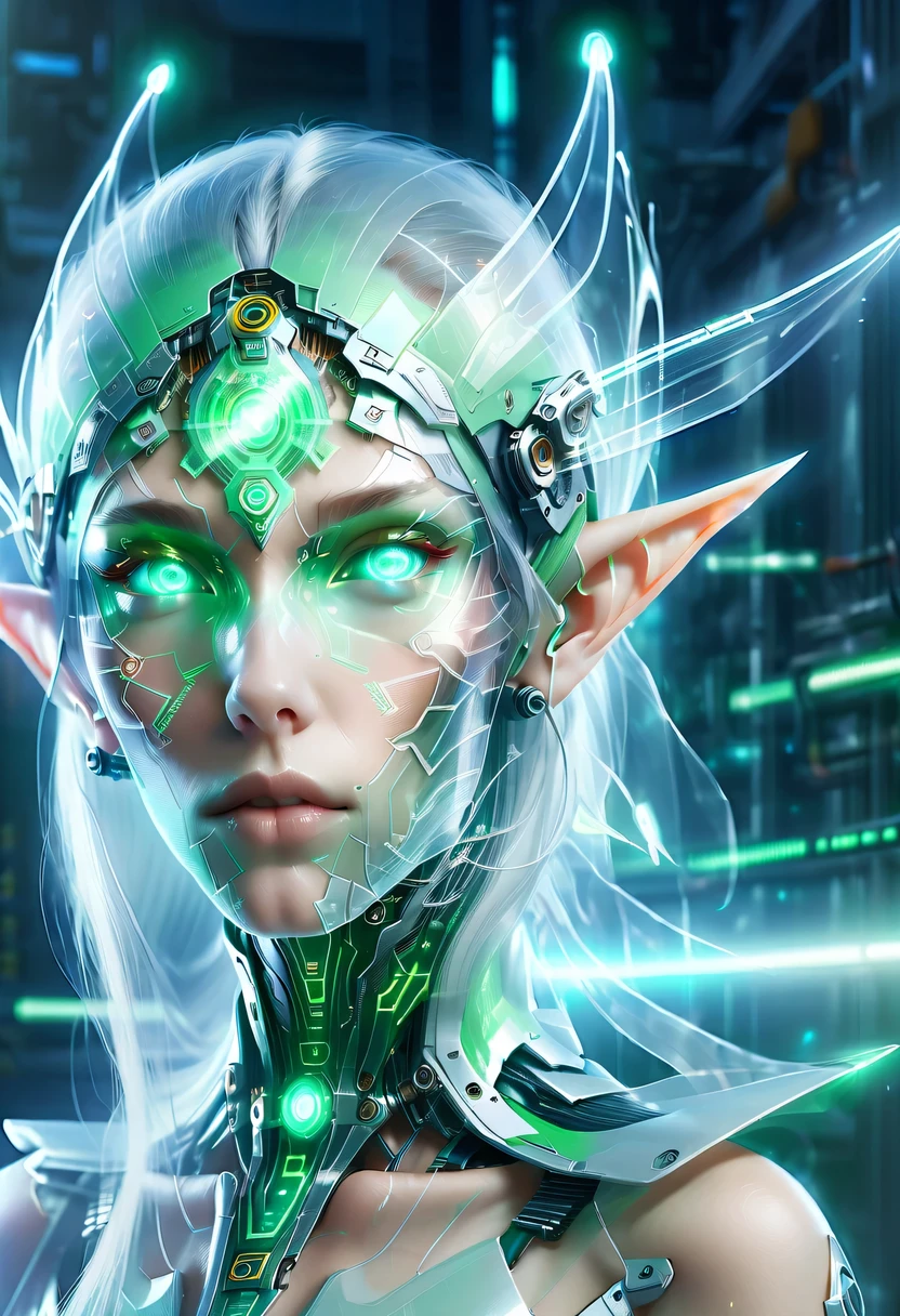 The face of a translucent ethereal mechanical elf，future elf face，Mechanical connection technology elf face，futuristic background