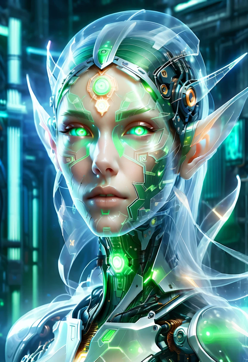 The face of a translucent ethereal mechanical elf，future elf face，Mechanical connection technology elf face，futuristic background
