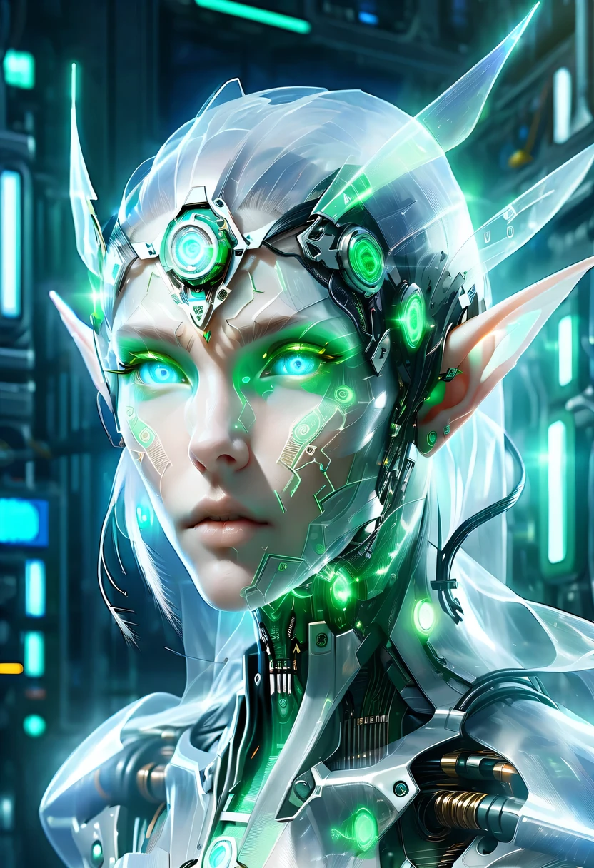 The face of a translucent ethereal mechanical elf，future elf face，Mechanical connection technology elf face，futuristic background