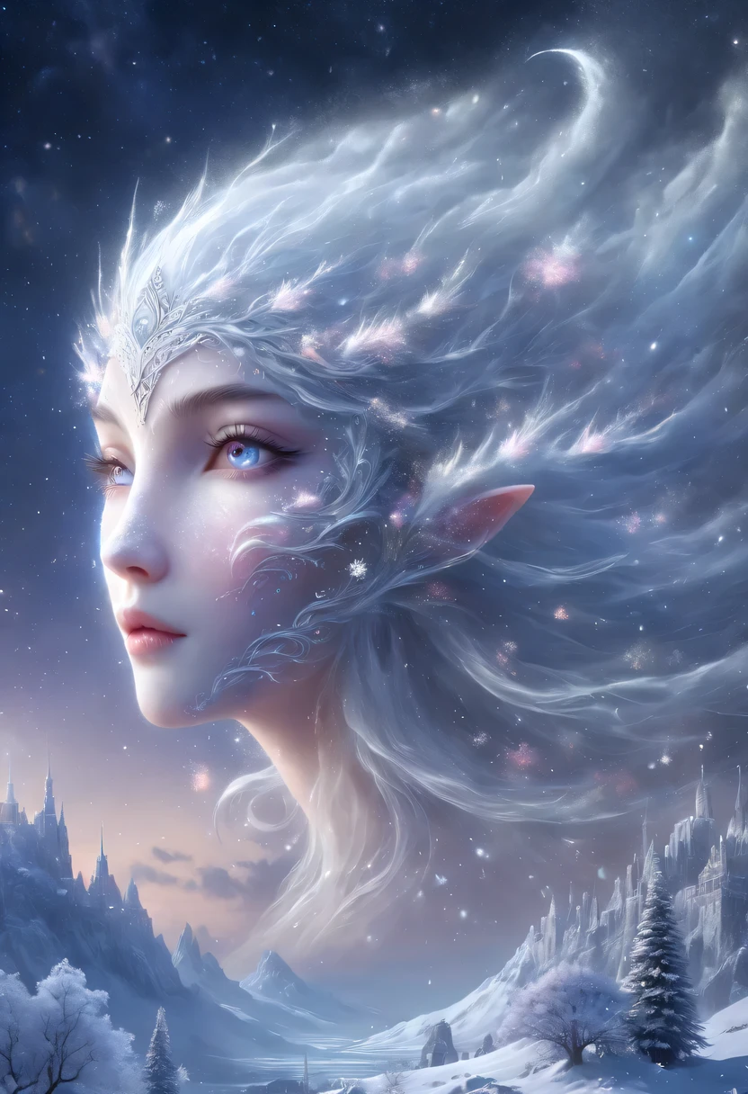 The face of the elf princess floats in the air,Pointed-eared elf exposed multiple times:1.8),Winter scenery,Surreal wonderland,Dream Island in the Sea of Cloudig snowflake:1.3),五颜六色的big snowflake飞舞着,The palace of the elf princess covered with snow,The tree of life blooms with endless vitality,Twinkling stars in the night sky,Overlapping clouds and fog,Whimsical fantasy landscape art, Beautiful Art Ultra HD 8K, 8K highly detailed digital art, Beautiful and detailed fantasy, epic fantasy landscape, Mysterious and dreamy scenery, Magic fantasy very detailed, magical scenery, 由big snowflake和梦幻漂浮的仙女岛组成, Detailed fantasy digital art, 8K detailed digital art