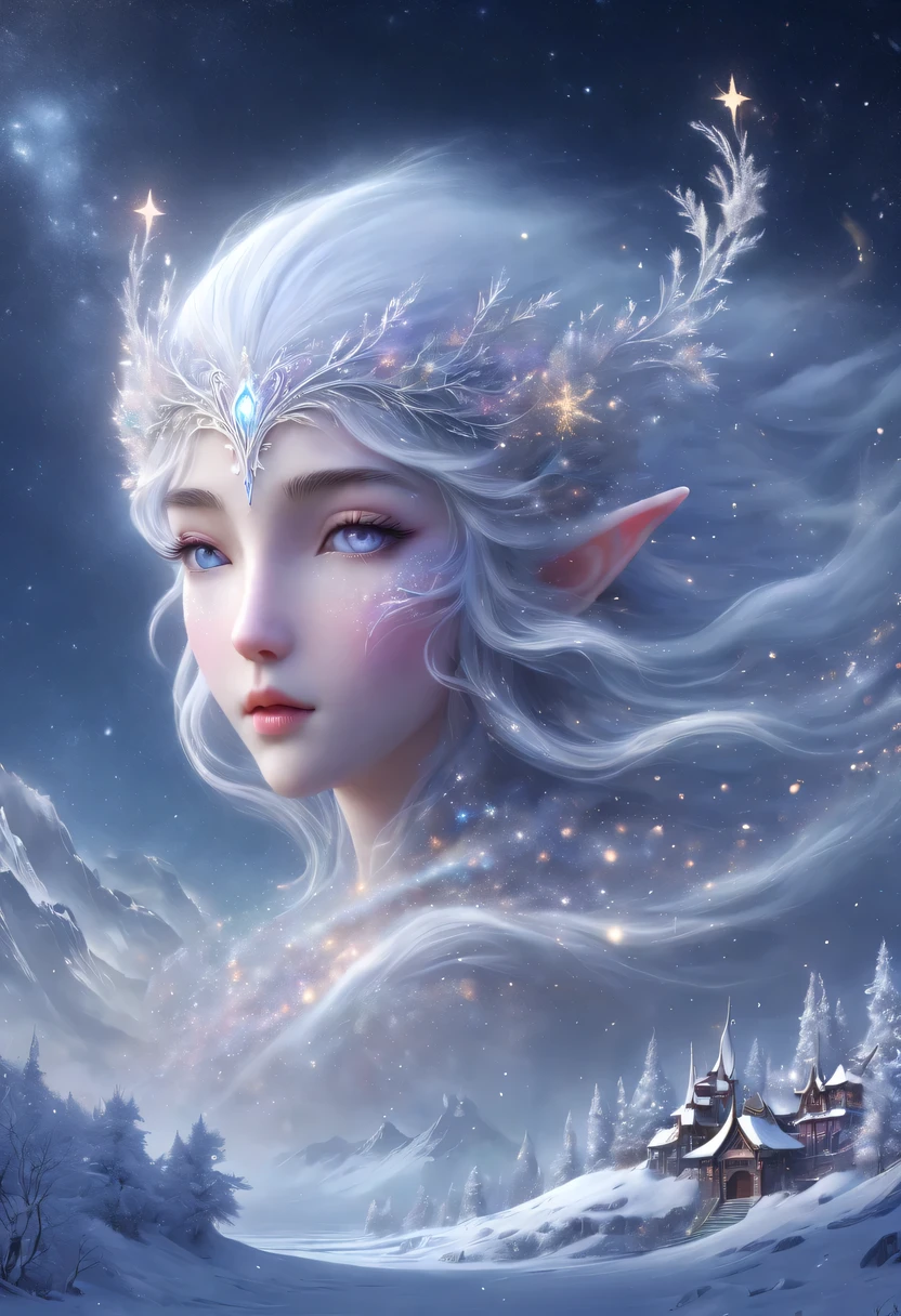 The face of the elf princess floats in the air，Pointed-eared elf exposed multiple times:1.8),Winter scenery，Surreal wonderland，Dream Island in the Sea of Cloudig snowflake:1.3)，五颜六色的big snowflake飞舞着，The palace of the elf princess covered with snow，The tree of life blooms with endless vitality，Twinkling stars in the night sky，Overlapping clouds and fog，Whimsical fantasy landscape art, Beautiful Art Ultra HD 8K, 8K highly detailed digital art, Beautiful and detailed fantasy, epic fantasy landscape, Mysterious and dreamy scenery, Magic fantasy very detailed, magical scenery, 由big snowflake和梦幻漂浮的仙女岛组成, Detailed fantasy digital art, 8K detailed digital art