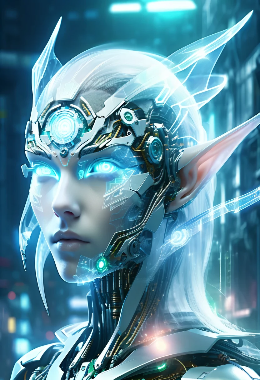 The face of a translucent ethereal mechanical elf,future elf face,Mechanical connection technology elf face,futuristic background