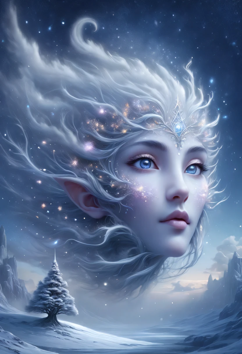 The face of the elf princess floats in the air,Pointed-eared elf exposed multiple times:1.8),Winter scenery,Surreal wonderland,Dream Island in the Sea of Cloudig snowflake:1.3),五颜六色的big snowflake飞舞着,The palace of the elf princess covered with snow,The tree of life blooms with endless vitality,Twinkling stars in the night sky,Overlapping clouds and fog,Whimsical fantasy landscape art, Beautiful Art Ultra HD 8K, 8K highly detailed digital art, Beautiful and detailed fantasy, epic fantasy landscape, Mysterious and dreamy scenery, Magic fantasy very detailed, magical scenery, 由big snowflake和梦幻漂浮的仙女岛组成, Detailed fantasy digital art, 8K detailed digital art