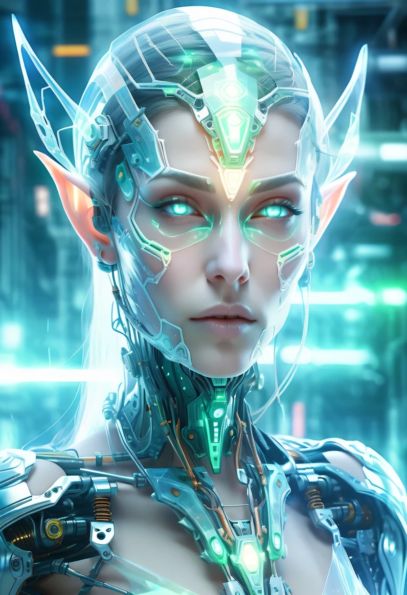 The face of a translucent ethereal mechanical elf，future elf face，Mechanical connection technology elf face，futuristic background