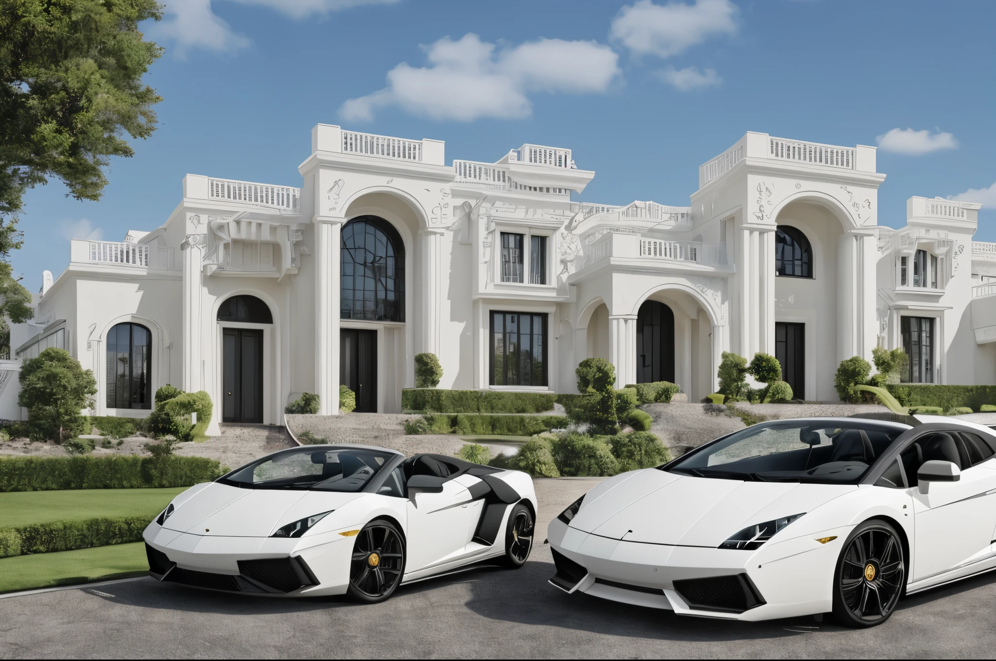 a beautiful (modern white color house) with a large lawn , (one black color Lamborghini Gallardo is parking), (black color rolls royce black badge) is parking in the lawn, swimming pool, a long-shot from front, immaculately detailed, ornate retreat, a middle-shot from front, well-designed masterpiece, mansion, masterpiece work of art, exterior wide shot, higly detailed masterpiece, exterior shot, detailed masterpiece, stunningly detailed, timeless masterpiece, exquisite masterpiece, residential, hyper realistic, 8K resolution, detailed house, detailed lwan, detailed cars, detailed grass, realistic lighting, naturel light, sunny day, (detailed car model), detailed car color,
