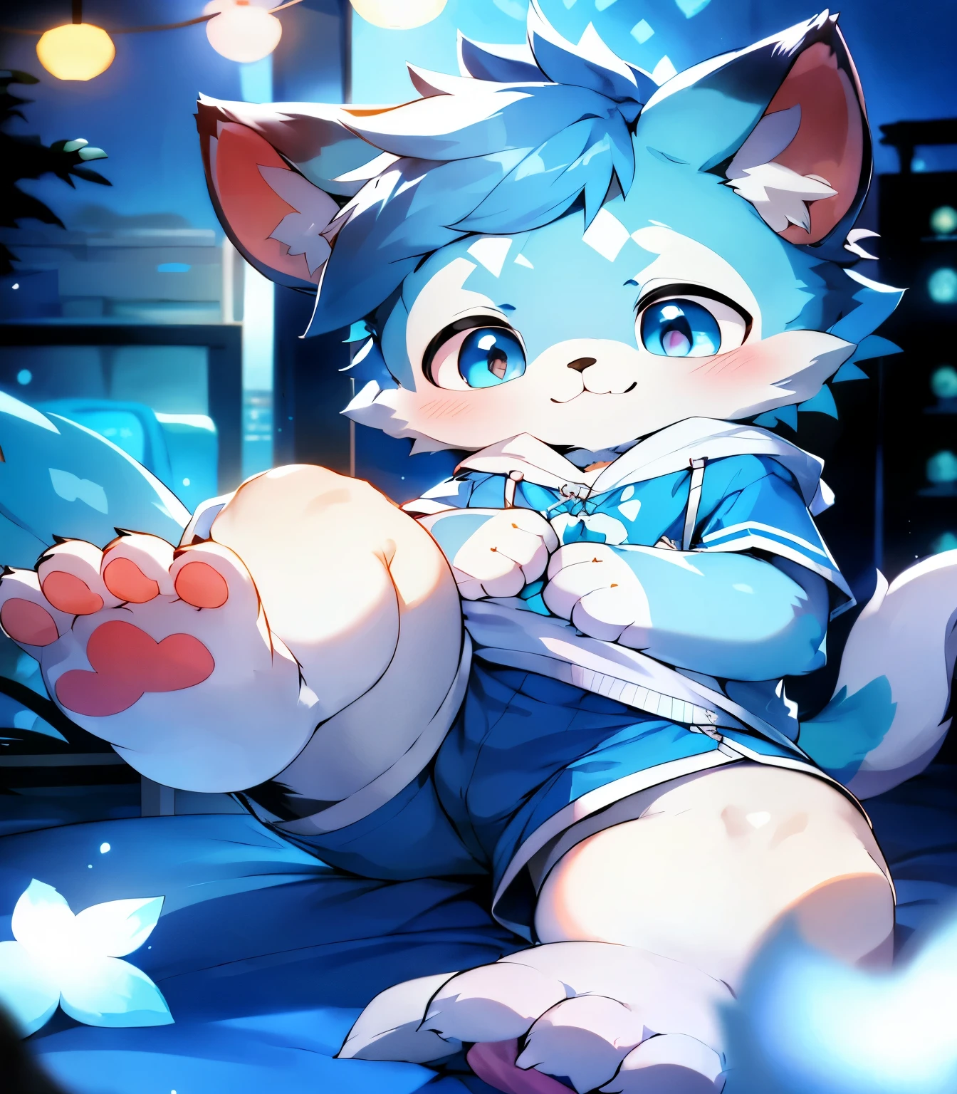 Anime cat with blue eyes and blue tail sitting on the bed, hairy paws pov art, pov furry art, furry art!!!, animal art, furry anime, pixiv, Lovely and detailed digital art, Highest rated on pixiv, high resolution committee, on pixiv, Popular topics on artstation pixiv, Protruding paw pads