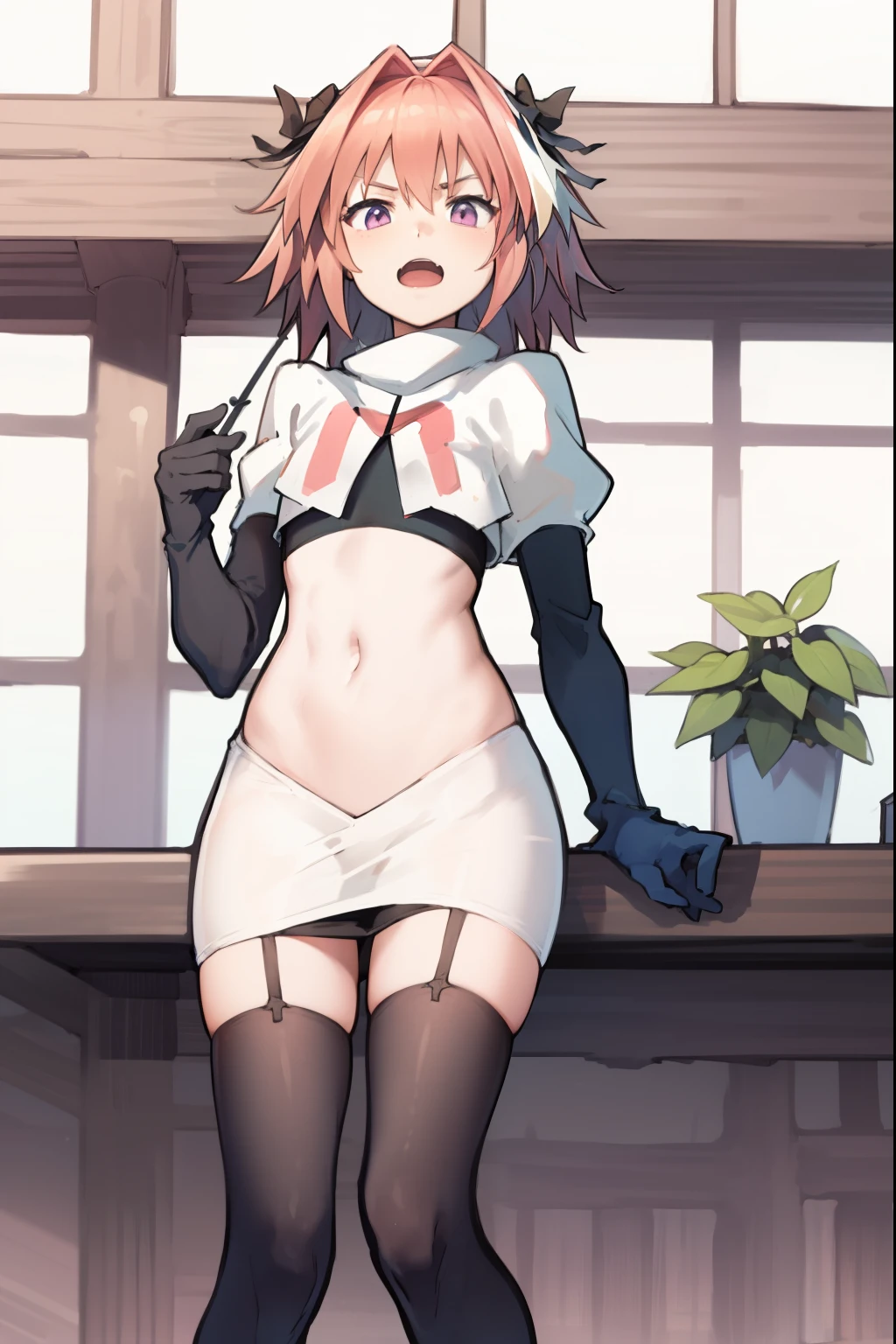 absurdres, masterpiece, best quality, (astolfo fate:1.2155), 1boy, male focus, trap, pink multicolored hair, pink hair, white hair, hair intakes, long hair, pink detailed eyes, crossdressing,1boy, team rocket,team rocket uniform, red letter R, white skirt,white crop top,black thigh-highs,black elbow gloves