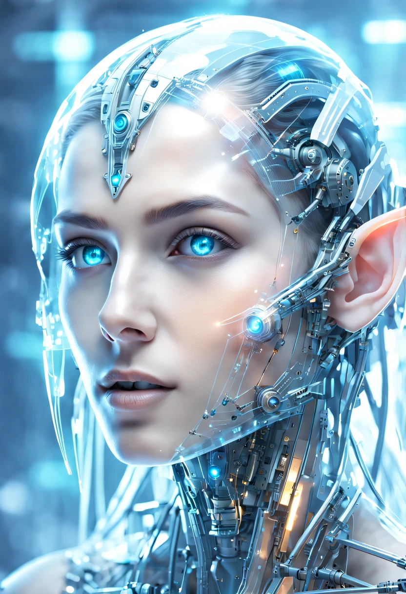 The face of a translucent ethereal mechanical elf，future elf face，Mechanical connection technology elf face，futuristic background