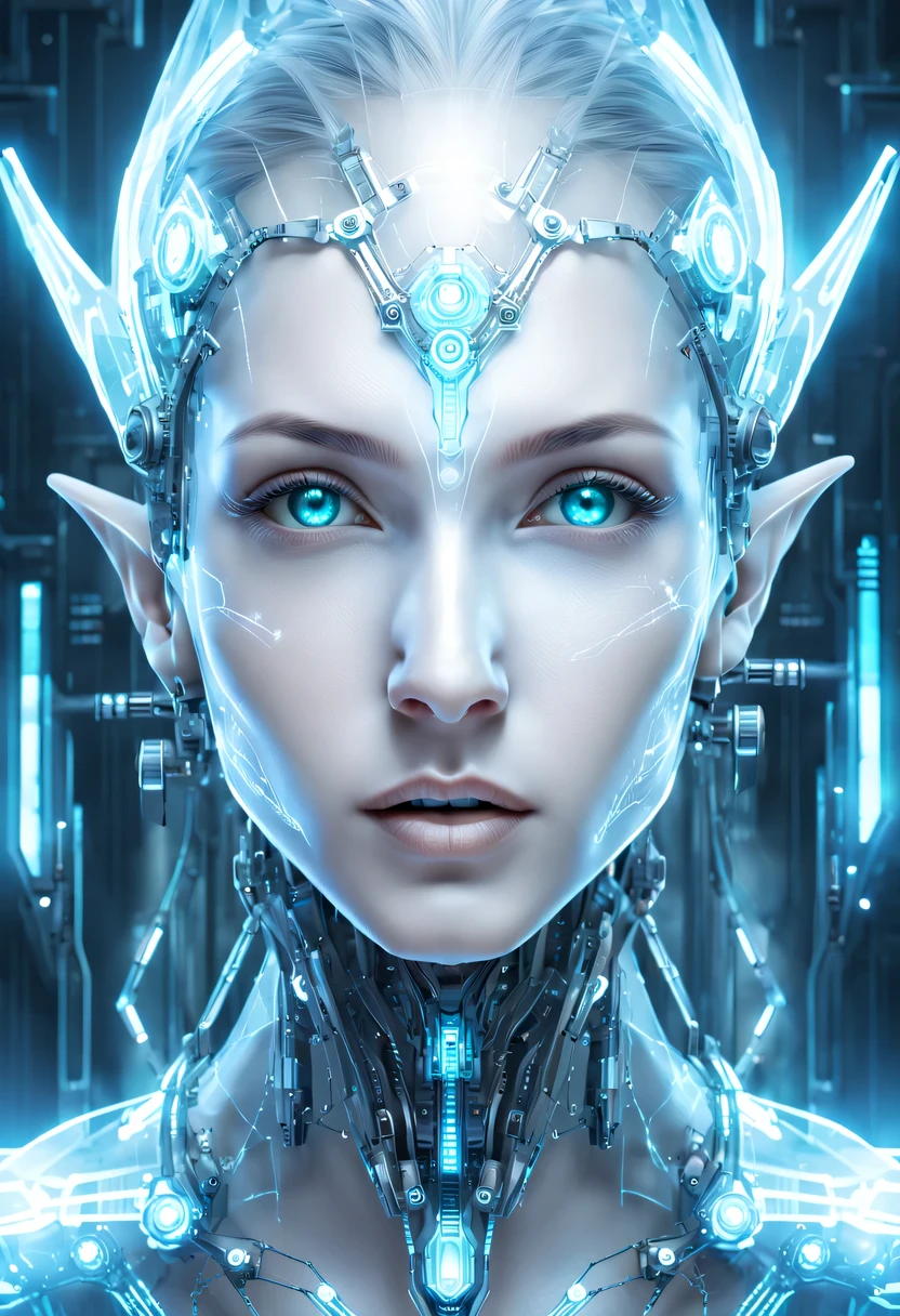 The face of a translucent ethereal mechanical elf，future elf face，Mechanical connection technology elf face，futuristic background