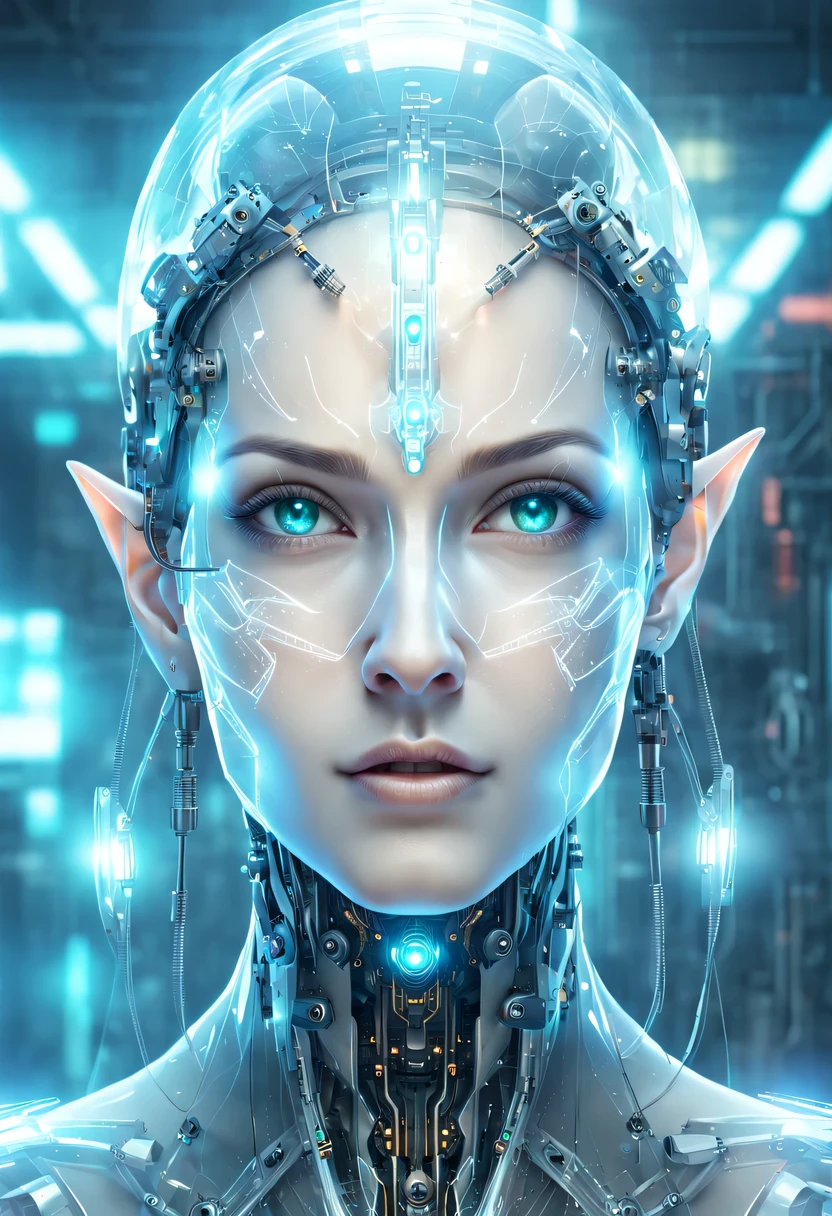 The face of a translucent ethereal mechanical elf，future elf face，Mechanical connection technology elf face，futuristic background