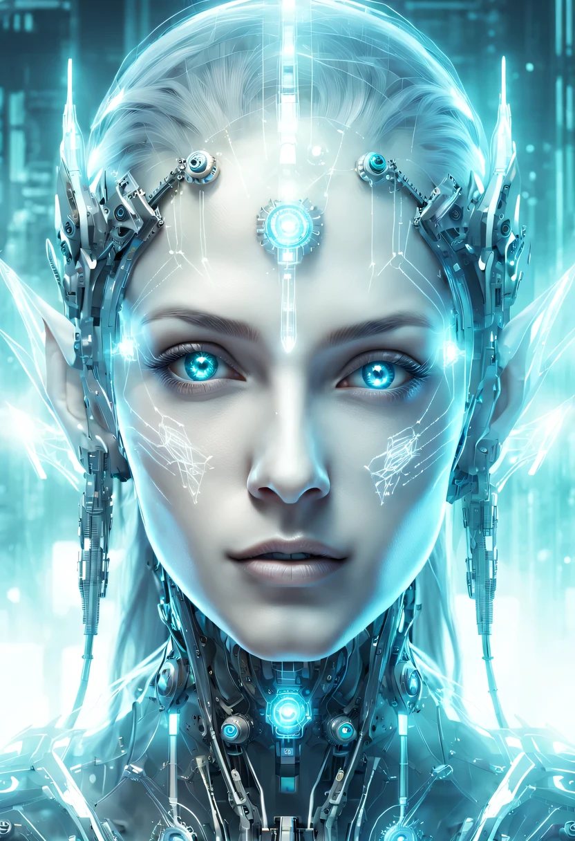 The face of a translucent ethereal mechanical elf，future elf face，Mechanical connection technology elf face，futuristic background