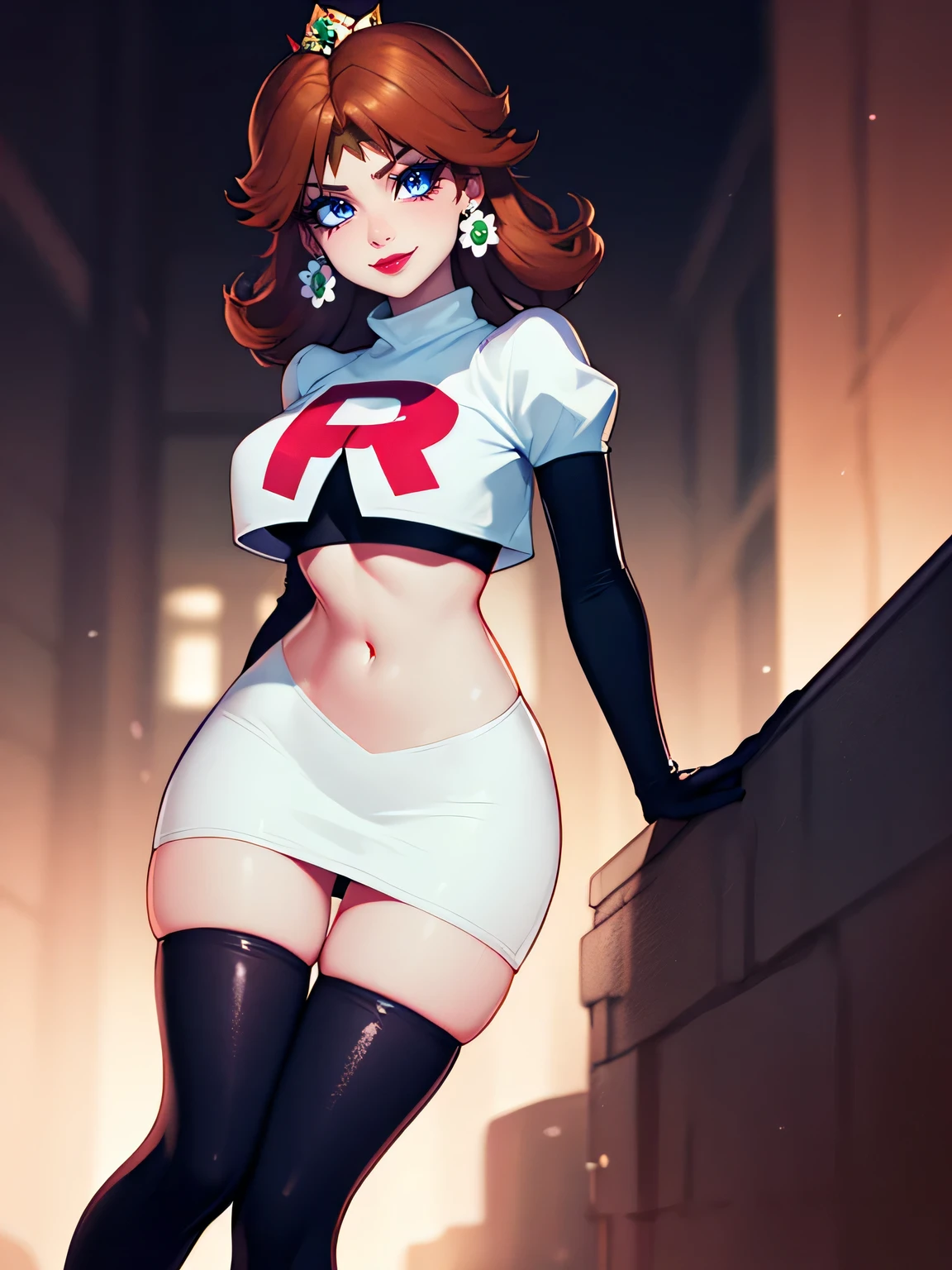 princess_daisy, brown hair ,earrings ,red lipstick, blue eye shadow, heavy makeup ,team rocket uniform, red letter R, white skirt,white crop top,black thigh-high boots, black elbow gloves, evil smile,