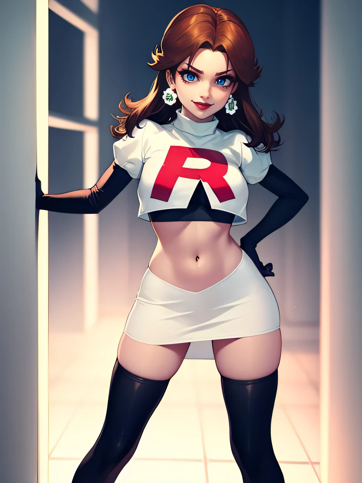 princess_daisy, brown hair ,earrings ,red lipstick, blue eye shadow, heavy makeup ,team rocket uniform, red letter R, white skirt,white crop top,black thigh-high boots, black elbow gloves, evil smile, 