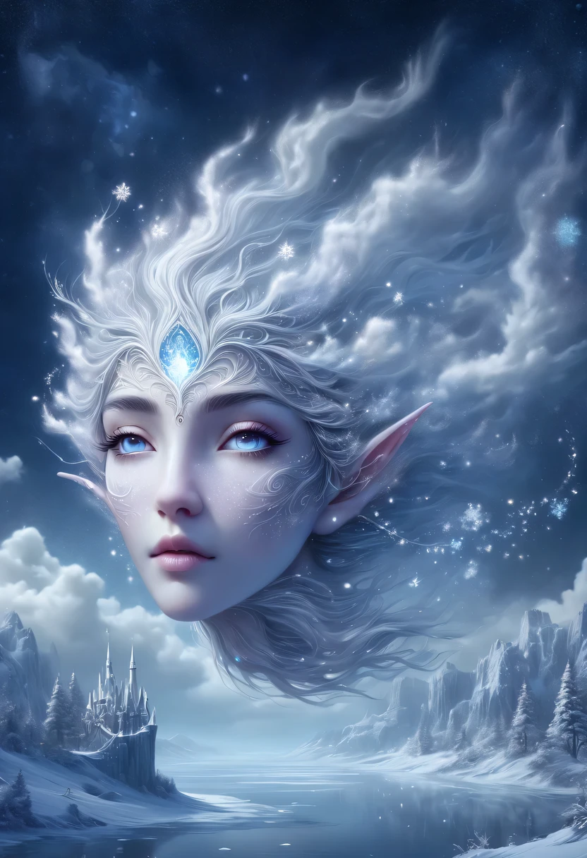 The face of the elf princess floats in the air，Pointed-eared elf exposed multiple times:1.8),Winter scenery，Surreal wonderland，Dream Island in the Sea of Cloudig snowflake:1.3)，五颜六色的big snowflake飞舞着，The palace of the elf princess covered with snow，The tree of life blooms with endless vitality，Twinkling stars in the night sky，Overlapping clouds and fog，Whimsical fantasy landscape art, Beautiful Art Ultra HD 8K, 8K highly detailed digital art, Beautiful and detailed fantasy, epic fantasy landscape, Mysterious and dreamy scenery, Magic fantasy very detailed, magical scenery, 由big snowflake和梦幻漂浮的仙女岛组成, Detailed fantasy digital art, 8K detailed digital art