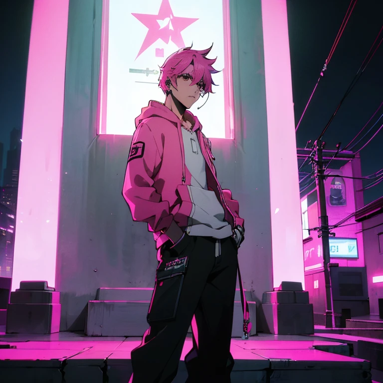 (shortcut), (two block hair), (bright pink hair), (male character), (red eyes), (cool pose), (top quality), (masterpiece), (Super detailed), (oversized hoodie), (Street style), (neon), (modern city), (neonデイライト), (cinematic), (stylish), (High resolution), (hyper-detailed), (soft town), (Nightcore), (a handsome guy), (wearing headphones), (natural appearance of the building), (casual), (IG studio anime style), (standing pose), (Camera from low angle from the front),